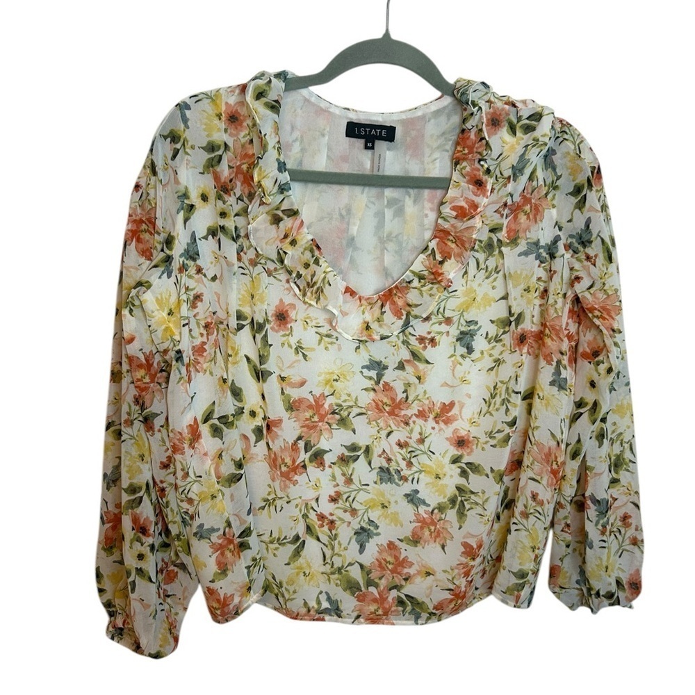 1. State Floral Ruffle Pintuck Blouse